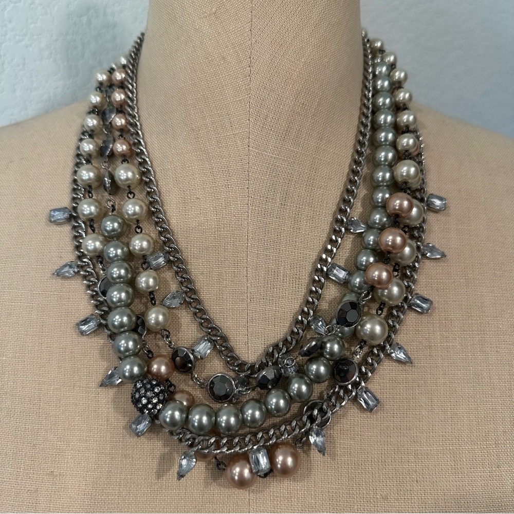LOFT Mixed Media Statement Necklace - Faux Pearl, Crystal & Gunmetal Chain